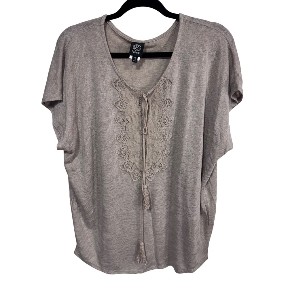Bobeau XL Tan Crochet Lace V-Neck Top Women's Boho Tassel Short Sleeve